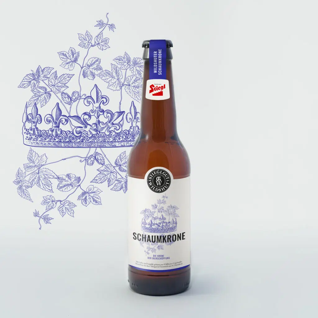 Gestaltung und Illustration des Etiketts für das Stiegl Landshut "Schaumkrone". Nur das Sujet am Etikett.