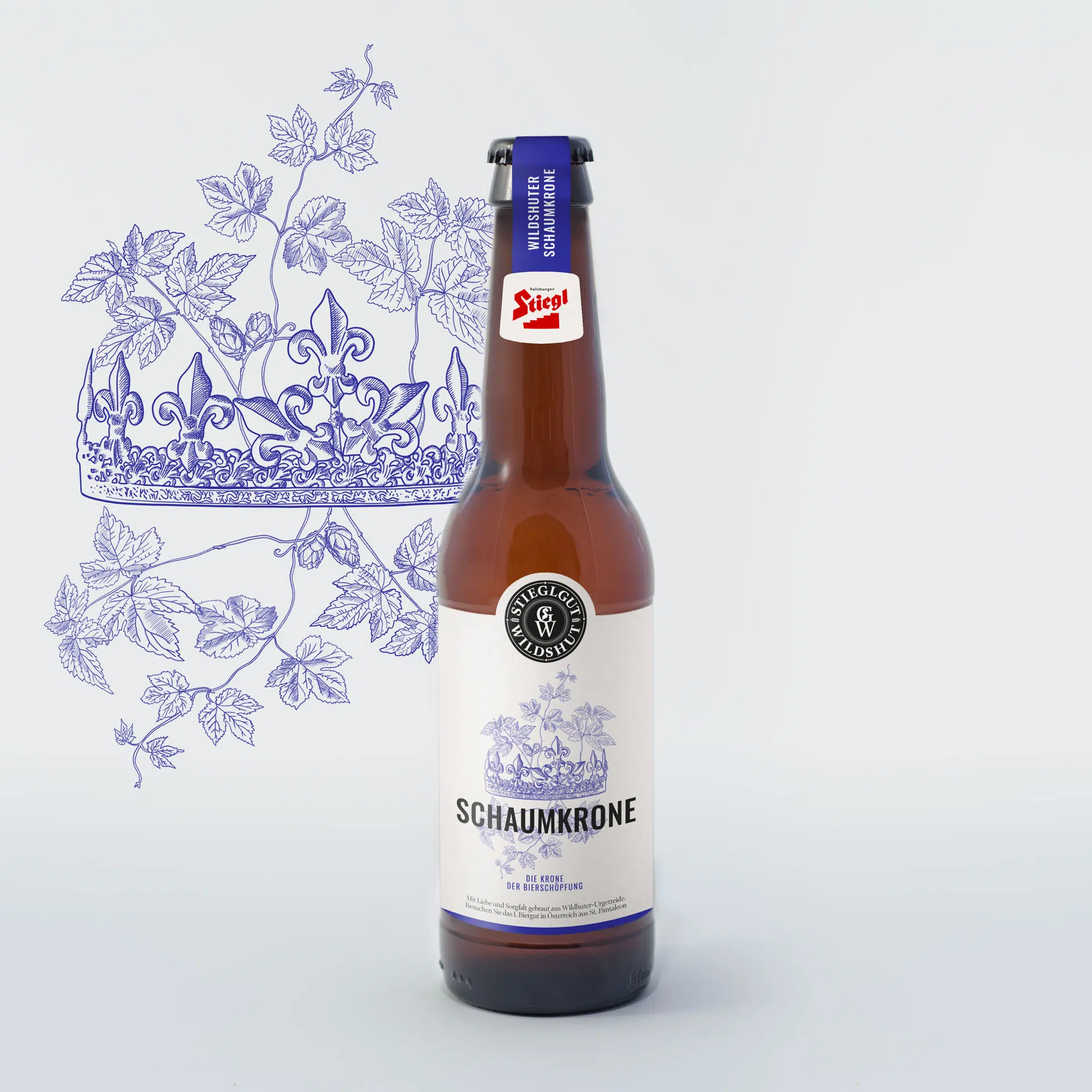 Gestaltung und Illustration des Etiketts für das Stiegl Landshut "Schaumkrone". Nur das Sujet am Etikett.